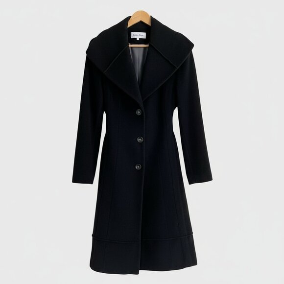 Calvin Klein Black Wool Blend Belted Coat Size 8 | Designer | EUC - Picture 4 of 9